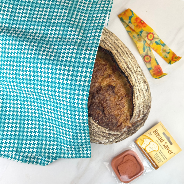 EcoBaguette Bread Bag, Keep your Handmade or Bakery Bread Fresh, Eco Friendly Bread Bag - Aqua Houndstooth