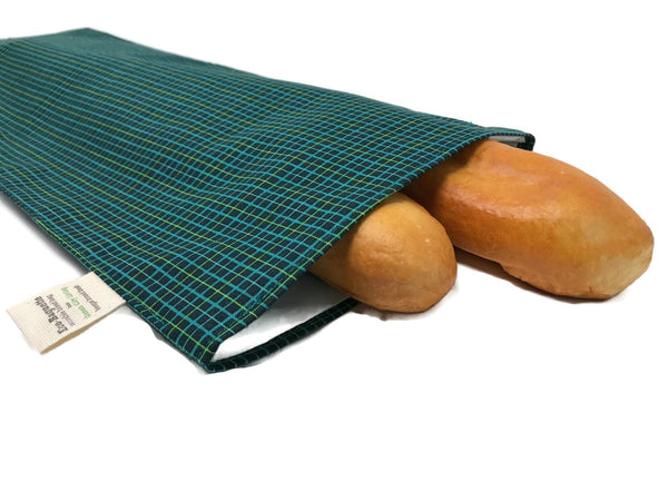 EcoBaguette Bread Bag, Keep your Handmade or Bakery Bread Fresh, Eco Friendly Bread Bag - Emerald Plaid